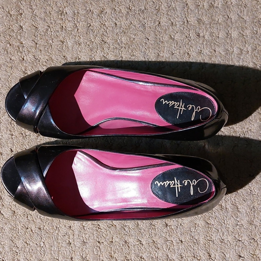 Cole Haan Women's Open Toe Black Patent Leather Wedge